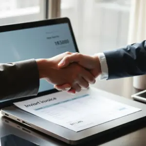 Small-business owner shaking hands after landing first paying client.